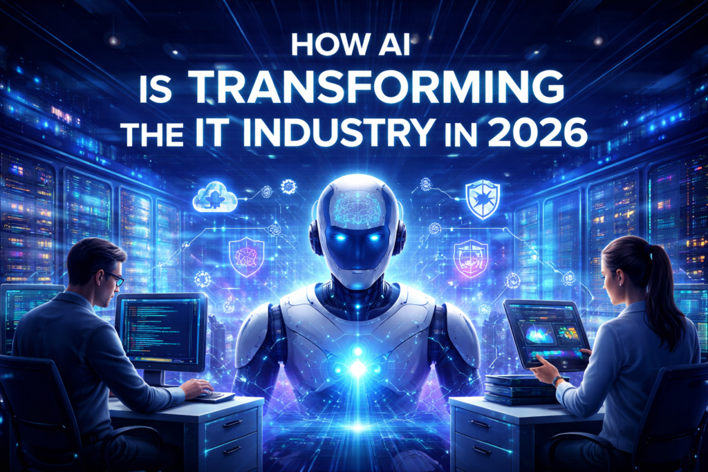 Current image: How AI Is Transforming the IT Industry in 2026: futuristic IT workspace with AI holograms, cloud servers, and professionals analyzing data on digital dashboards