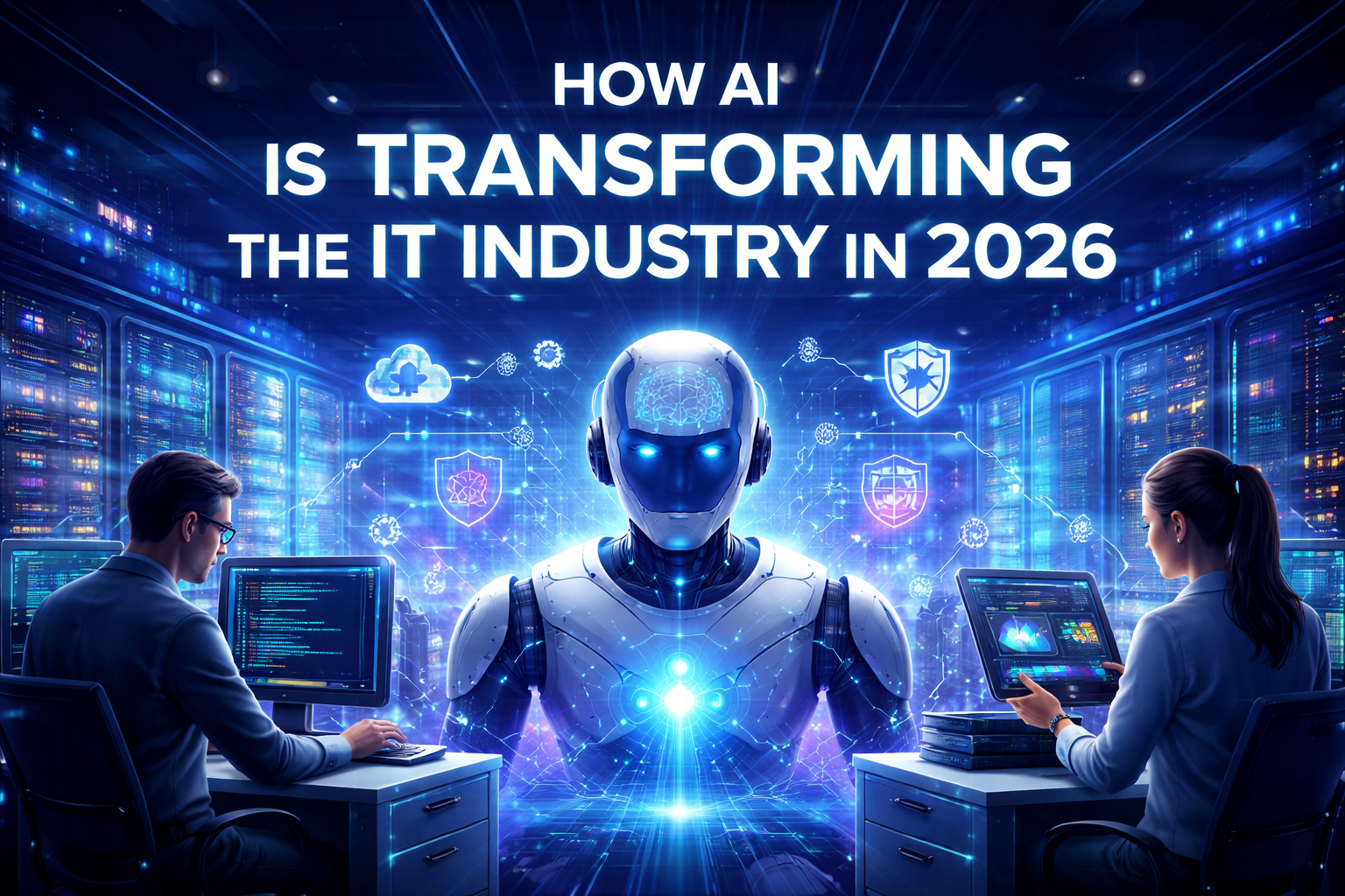 How AI Is Transforming the IT Industry in 2026: futuristic IT workspace with AI holograms, cloud servers, and professionals analyzing data on digital dashboards