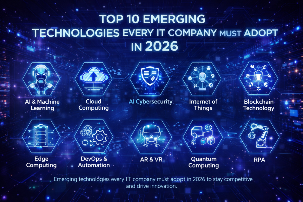Current image: Top 10 Emerging Technologies Every IT Company Must Adopt in 2026 including AI, cloud computing, cybersecurity, IoT, blockchain, and automation tools
