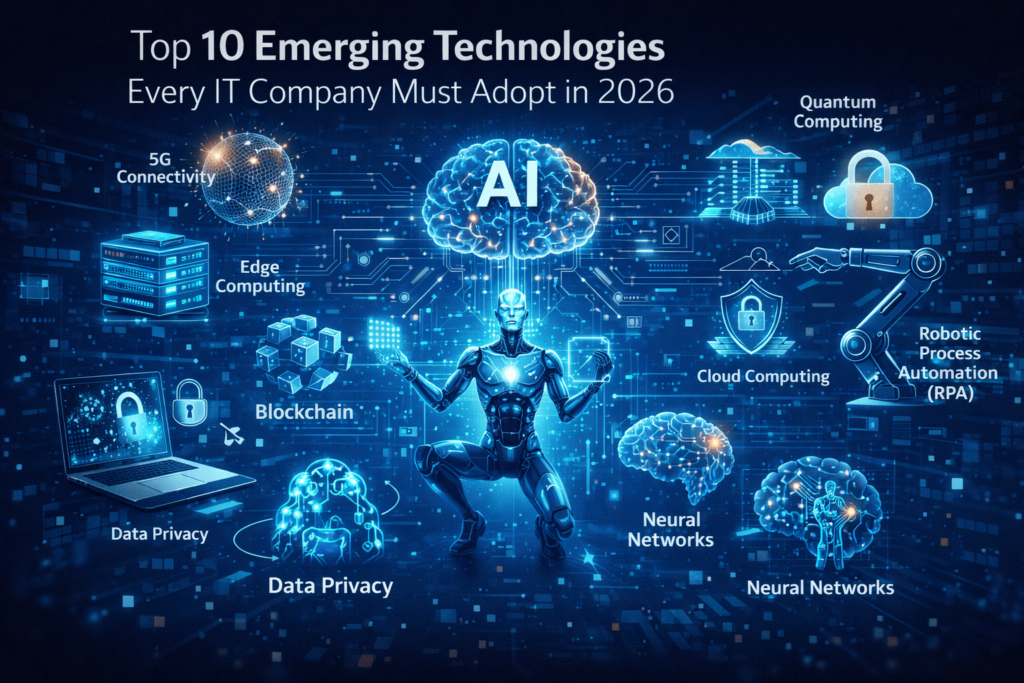 Top 10 Emerging Technologies Every IT Company Must Adopt in 2026 including AI, cloud computing, blockchain, IoT, and automation