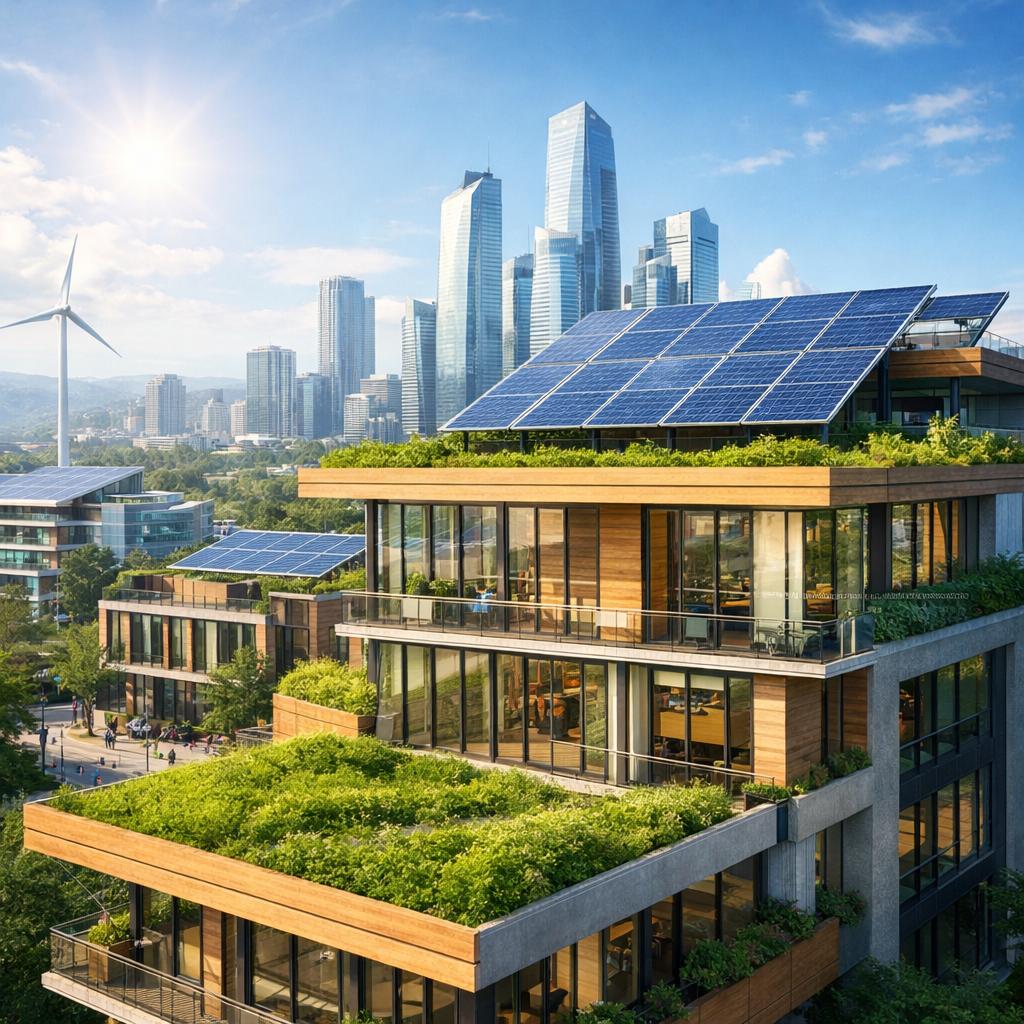 Sustainable Construction Trends That Will Dominate 2026 in the USA eco friendly green building with solar panels