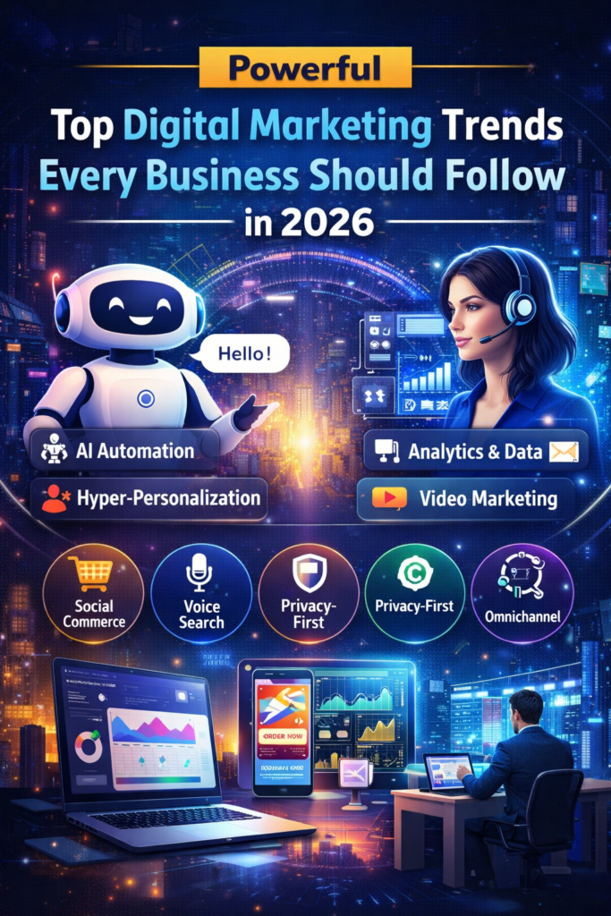 Powerful Top Digital Marketing Trends Every Business Should Follow in 2026 with AI automation, chatbots, and data-driven marketing