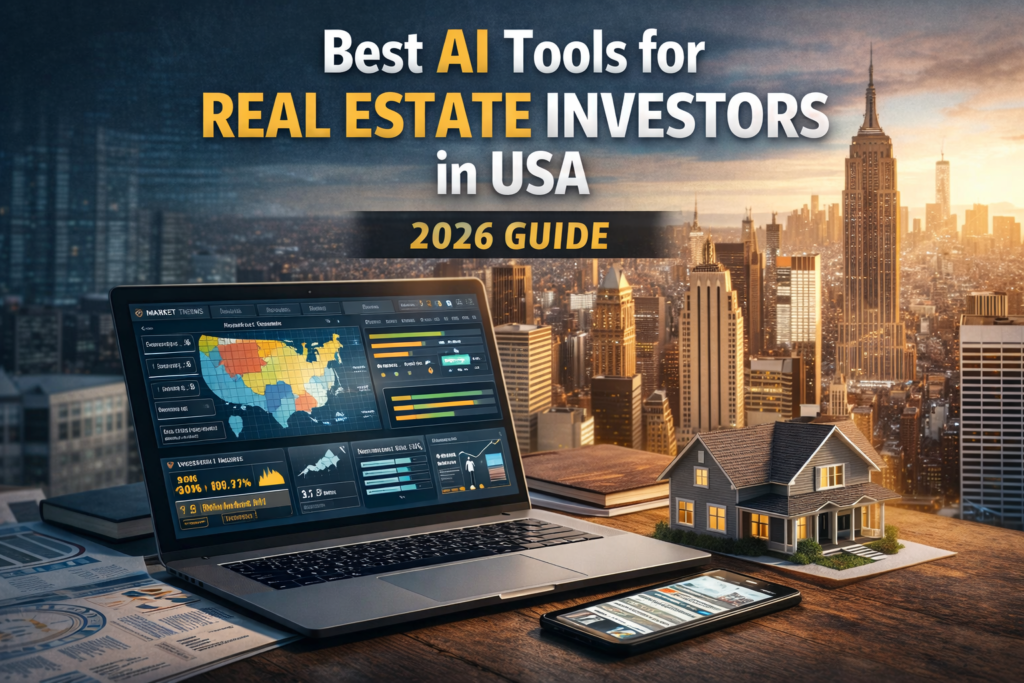 Best AI Tools for Real Estate Investors in USA showing AI property analytics dashboard, investment insights, and smart real estate technology