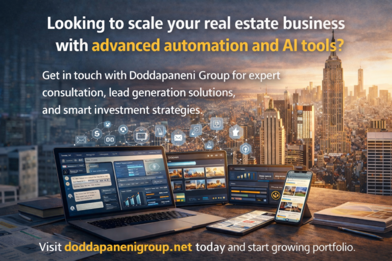 Automation Tools Every Real Estate Investor Needs showing AI CRM dashboard, property management software, lead generation tools, and real estate analytics technology