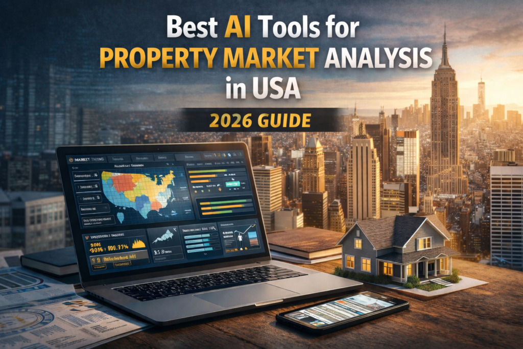 Best AI Tools for Property Market Analysis in USA showing AI real estate analytics dashboard, property data insights, and smart investment technology
