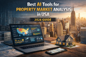 Best AI Tools for Property Market Analysis in USA showing AI real estate analytics dashboard, property data insights, and smart investment technology