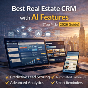 Best Real Estate CRM with AI Features showing AI-powered CRM dashboard, lead management system, predictive analytics, and automated follow-ups for real estate professionals