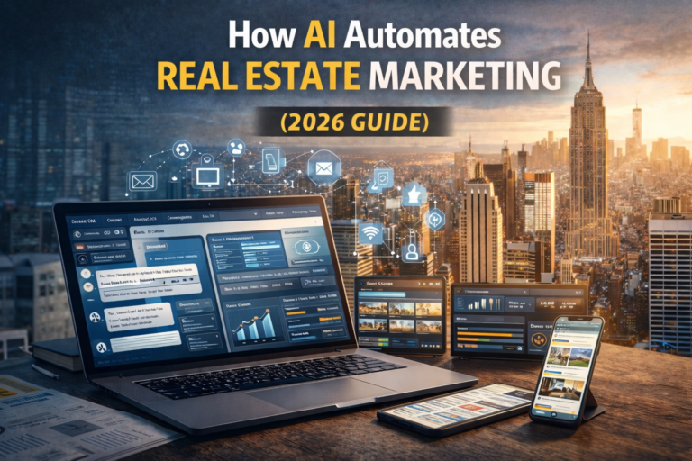 How AI Automates Real Estate Marketing showing AI CRM dashboard, automated lead generation, chatbot interaction, and digital marketing analytics
