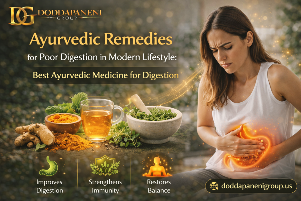 Current image: Ayurvedic remedies for poor digestion showing natural herbs like ginger, turmeric, and herbal tea with a woman experiencing stomach discomfort