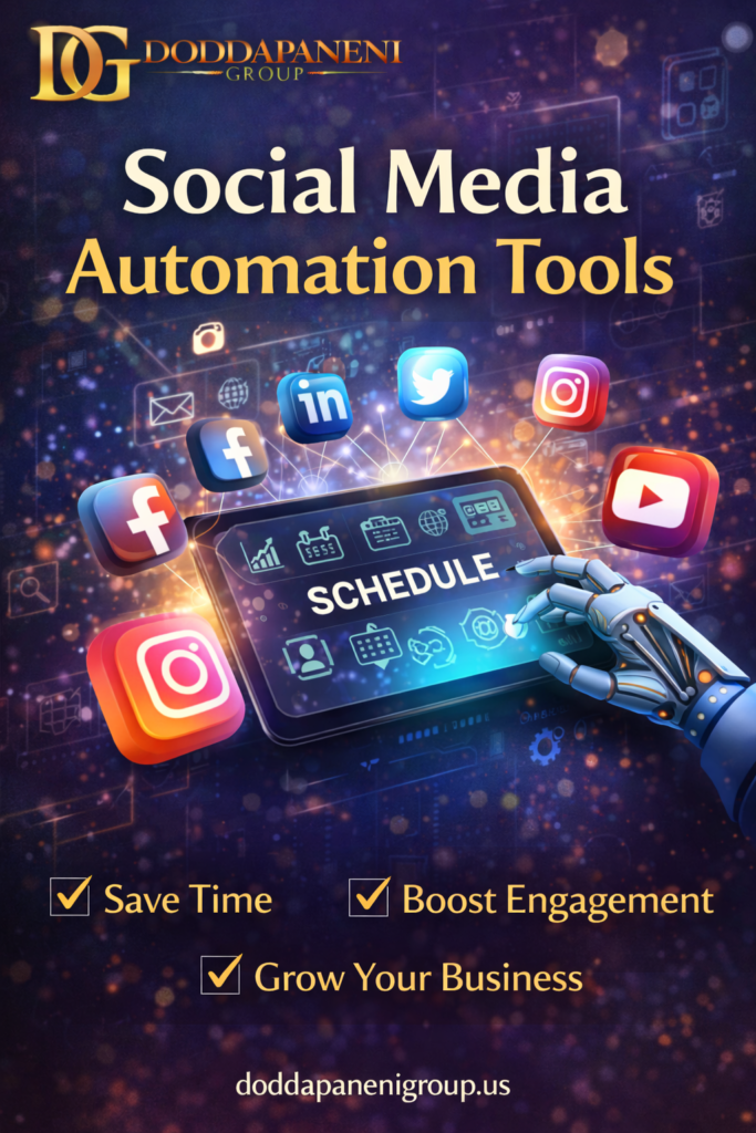Current image: Social media automation tools dashboard with AI marketing analytics, scheduling posts, and digital marketing workflow