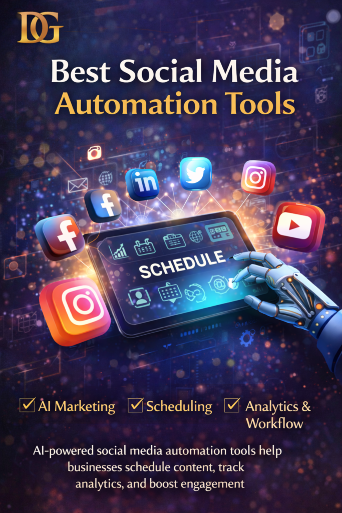 Current image: Best social media automation tools with AI marketing, scheduling, analytics dashboard and digital marketing workflow