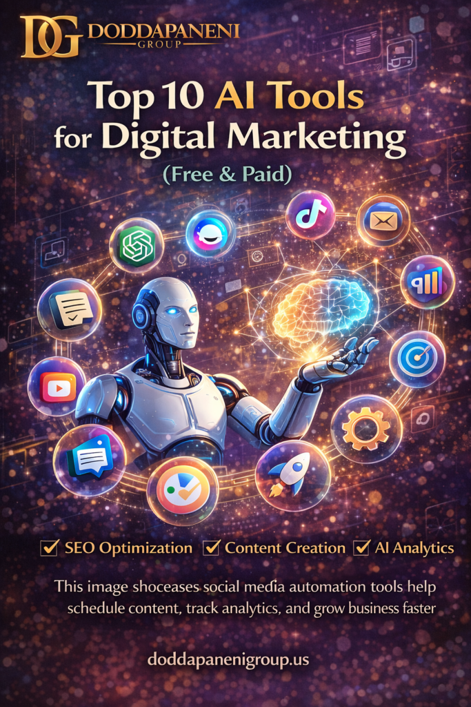 Current image: Top 10 AI tools for digital marketing free and paid with AI automation, analytics, content creation and marketing tools dashboard