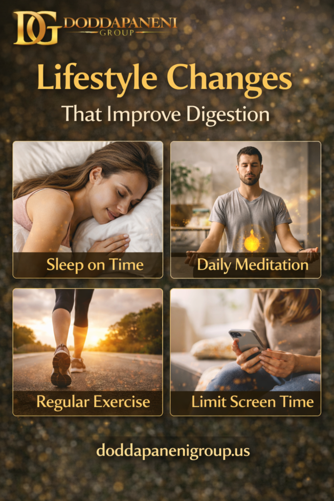 Current image: Lifestyle changes that improve digestion including proper sleep, meditation, regular exercise, and reduced screen time for better gut health