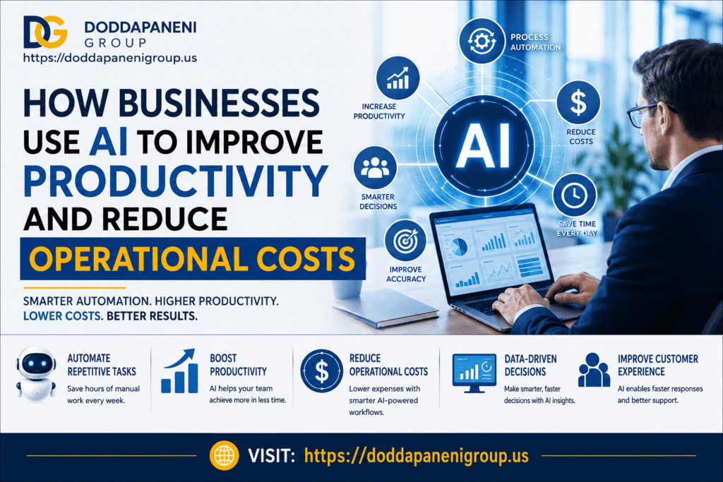 Current image: how businesses use AI to improve productivity and reduce operational costs business automation artificial intelligence workflow efficiency 2026