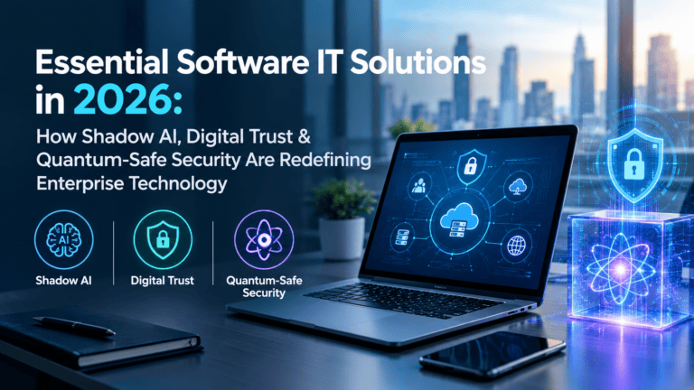 Essential software IT solutions in 2026 featuring AI governance, digital trust, and quantum-safe cybersecurity.